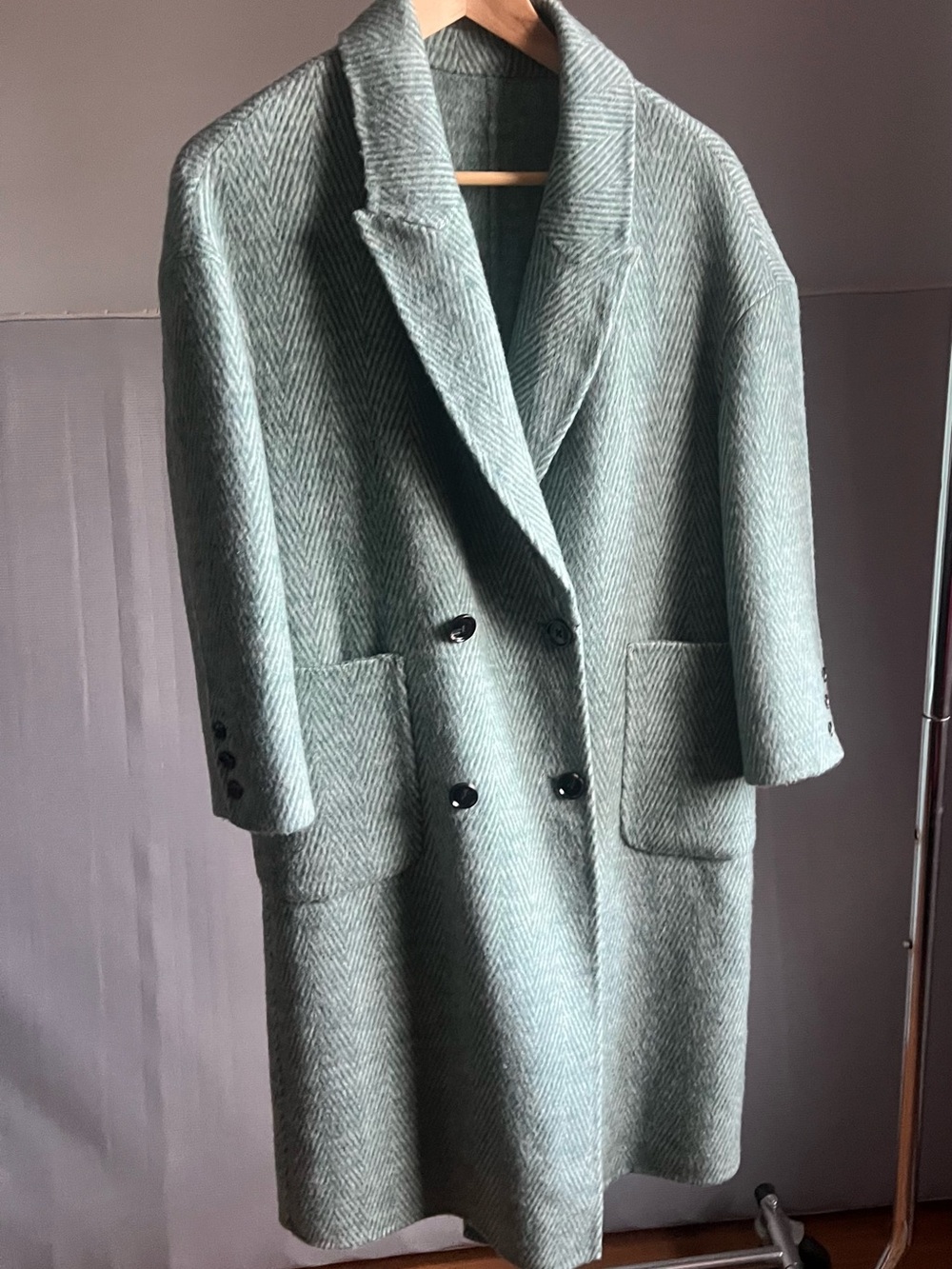 Wooden Ships Double-Breasted Herringbone Pea Coat in Sage
